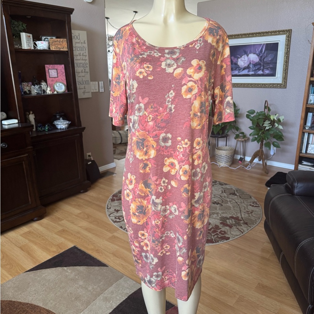 Lularoe Julia pink, orange & gray floral short sleeve midi dress-size XXL-NWT